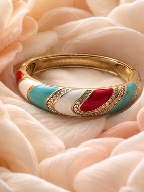 Jiu Long Xing Enamel Hinged Cuff Bracelet Turquoise Red White